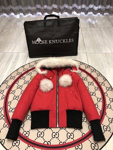 Moose Knuckles Red Pom-Pom Fur-Trim Hooded Bomber Jacket