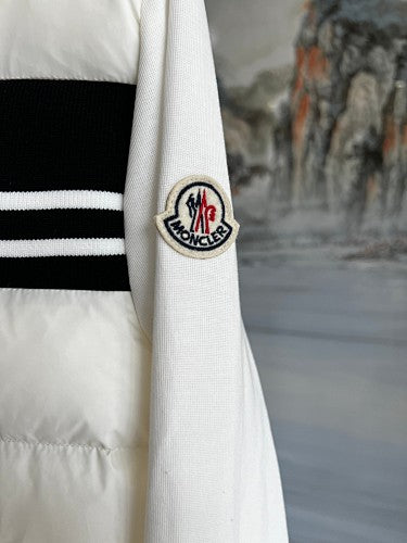 Moncler White and Black Striped Quilted Front Hooded Jacket