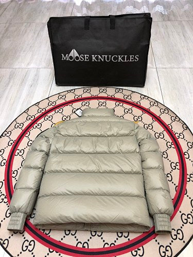Moose Knuckles Light Sage Green Stand Collar Quilted Puffer Jacket