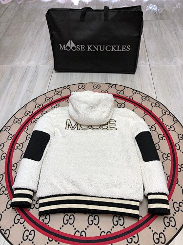 Moose Knuckles White and Black Hooded Teddy Fleece Bomber Jacket