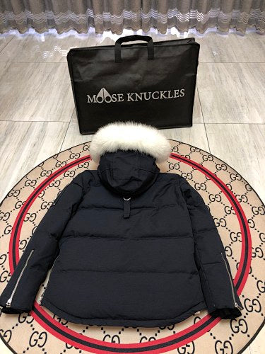 Moose Knuckles Navy Blue Fur-Trim Hooded Puffer Jacket
