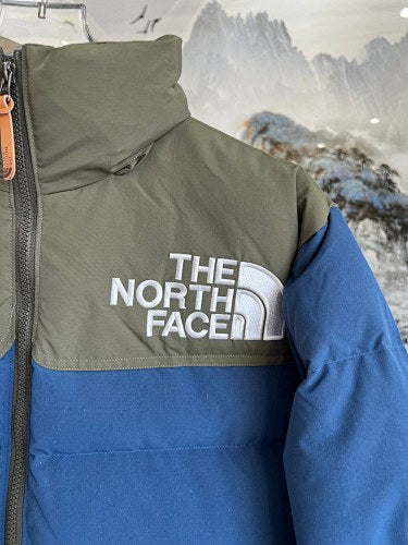 The North Face Blue and Olive Green Colorblock Stand Collar Puffer Jacket