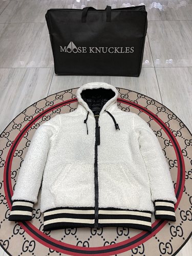 Moose Knuckles White and Black Hooded Teddy Fleece Bomber Jacket