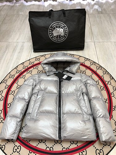 Canada Goose Metallic Silver Glossy Hooded Puffer Jacket