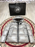 Canada Goose Metallic Silver Glossy Hooded Puffer Jacket