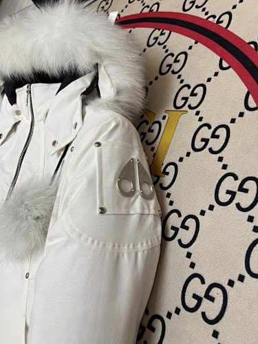 Moose Knuckles Ivory White Pom-Pom Fur-Trim Hooded Bomber Jacket