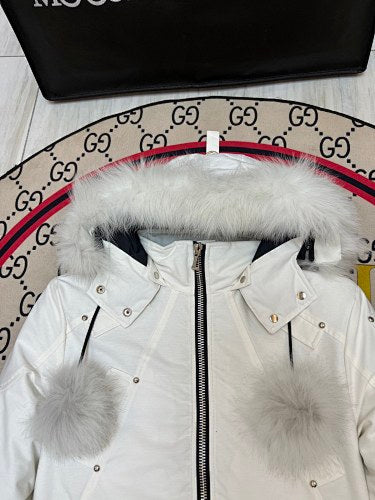 Moose Knuckles Ivory White Pom-Pom Fur-Trim Hooded Bomber Jacket