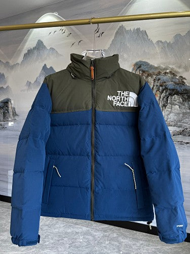 The North Face Blue and Olive Green Colorblock Stand Collar Puffer Jacket
