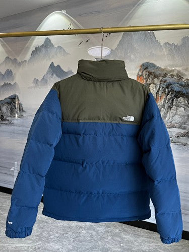 The North Face Blue and Olive Green Colorblock Stand Collar Puffer Jacket