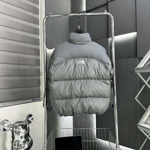 The North Face Gray White Logo Stand Collar Puffer Jacket