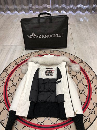 Moose Knuckles Ivory White Pom-Pom Fur-Trim Hooded Bomber Jacket