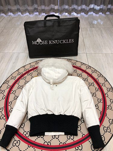 Moose Knuckles Ivory White Pom-Pom Fur-Trim Hooded Bomber Jacket