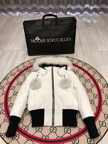 Moose Knuckles Ivory White Pom-Pom Fur-Trim Hooded Bomber Jacket