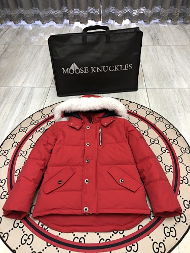 Moose Knuckles Red Fur-Trim Hooded Puffer Jacket