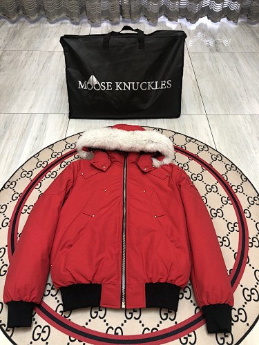 Moose Knuckles Red Fur-Trim Hooded Bomber Jacket