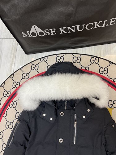 Moose Knuckles Black Fur-Trim Hooded Puffer Jacket