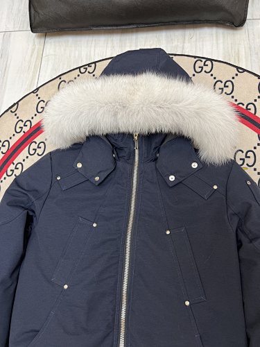 Moose Knuckles Navy Blue Fur-Trim Hooded Bomber Jacket