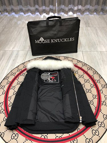 Moose Knuckles Black Fur-Trim Hooded Puffer Jacket