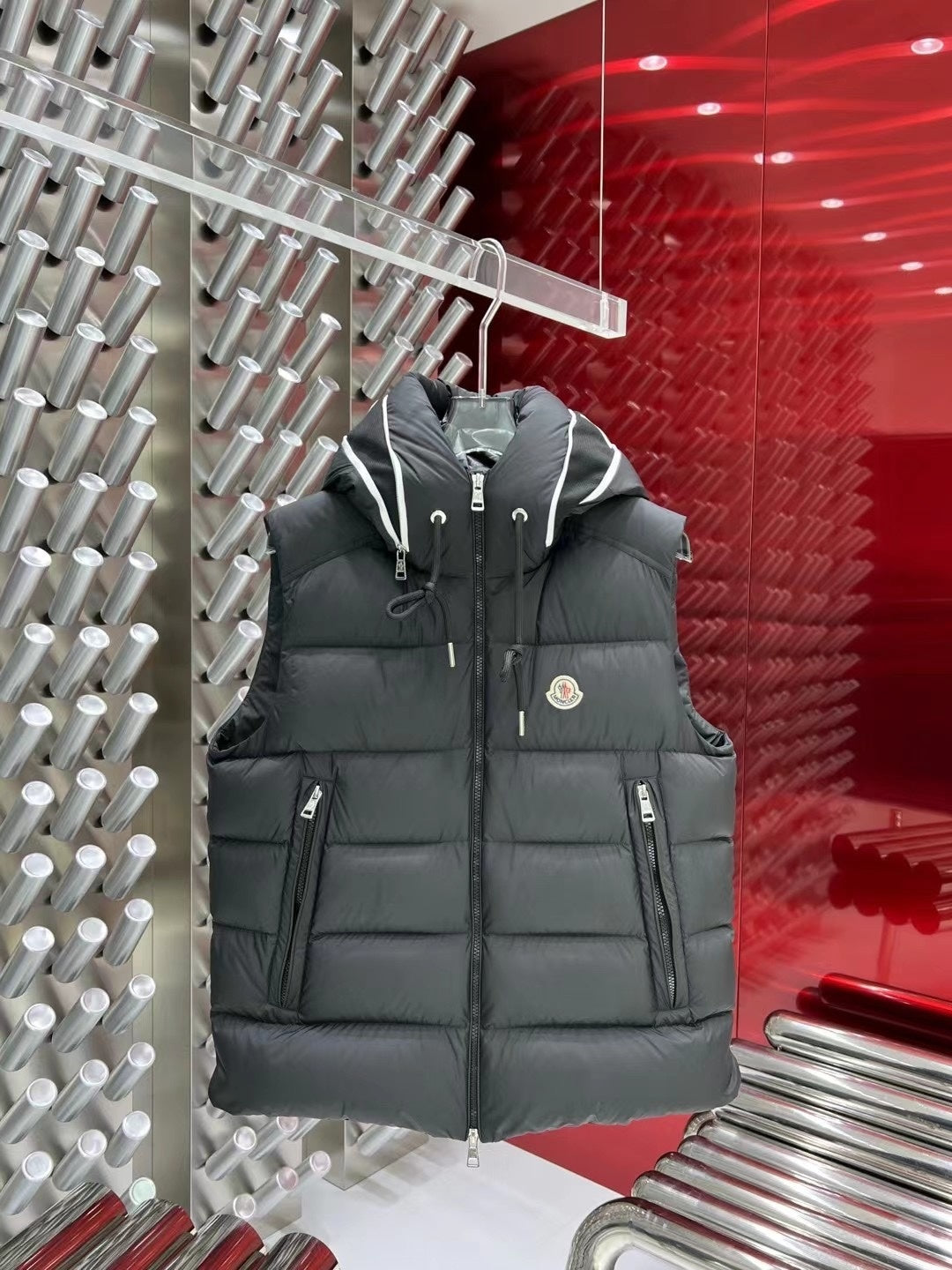 Moncler Charcoal Gray Logo Hood Quilted Puffer Vest