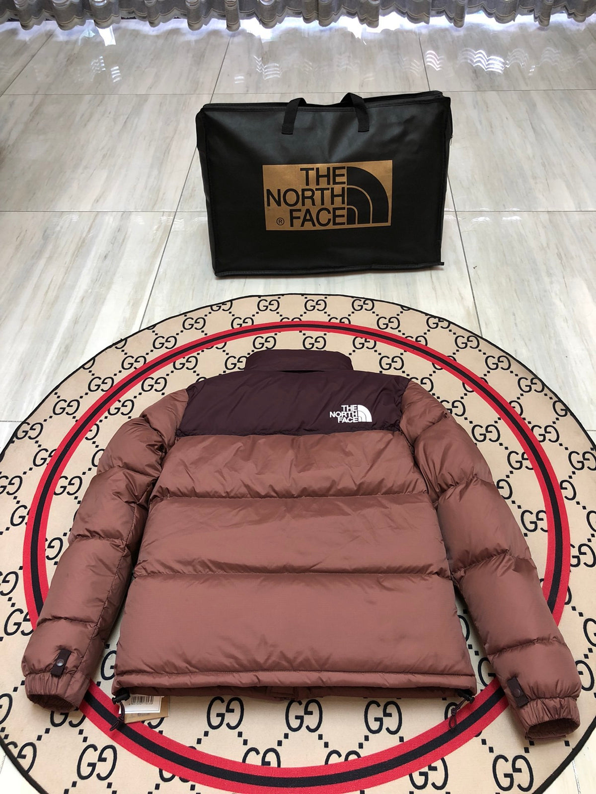 The North Face Rose Brown and Dark Plum Colorblock Stand Collar Puffer Jacket