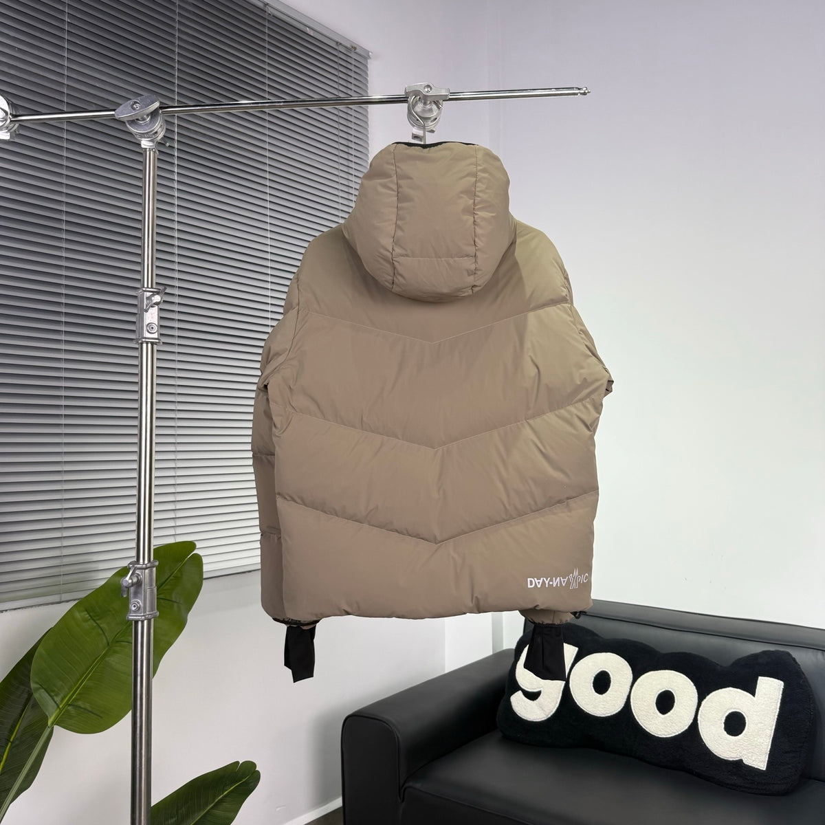 Moncler Sand Beige Chevron Quilted Hooded Puffer Jacket