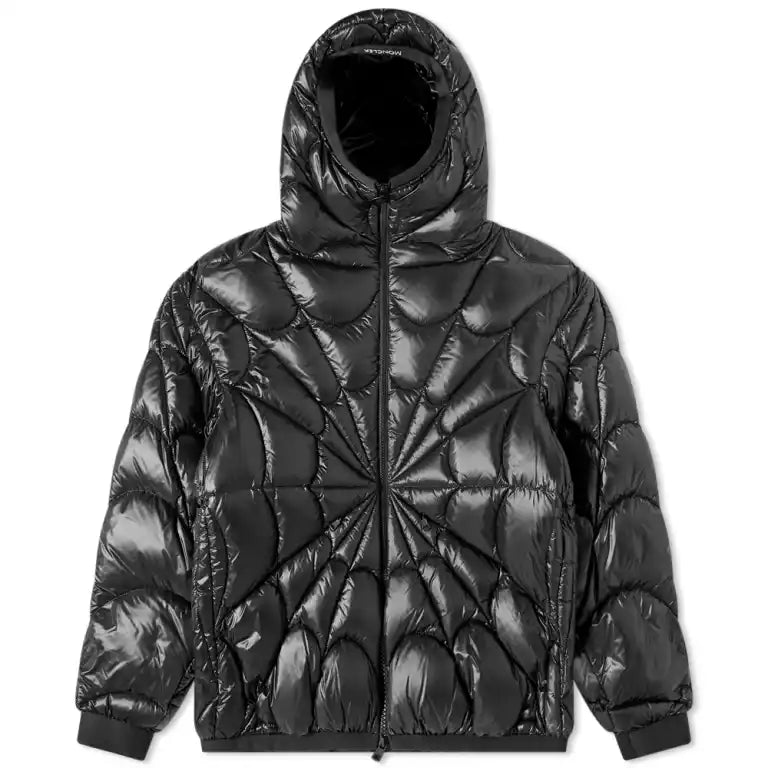 Moncler Black Glossy Spiderweb Quilted Hooded Puffer Jacket