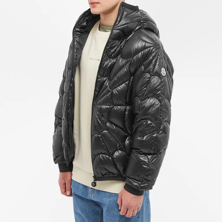 Moncler Black Glossy Spiderweb Quilted Hooded Puffer Jacket