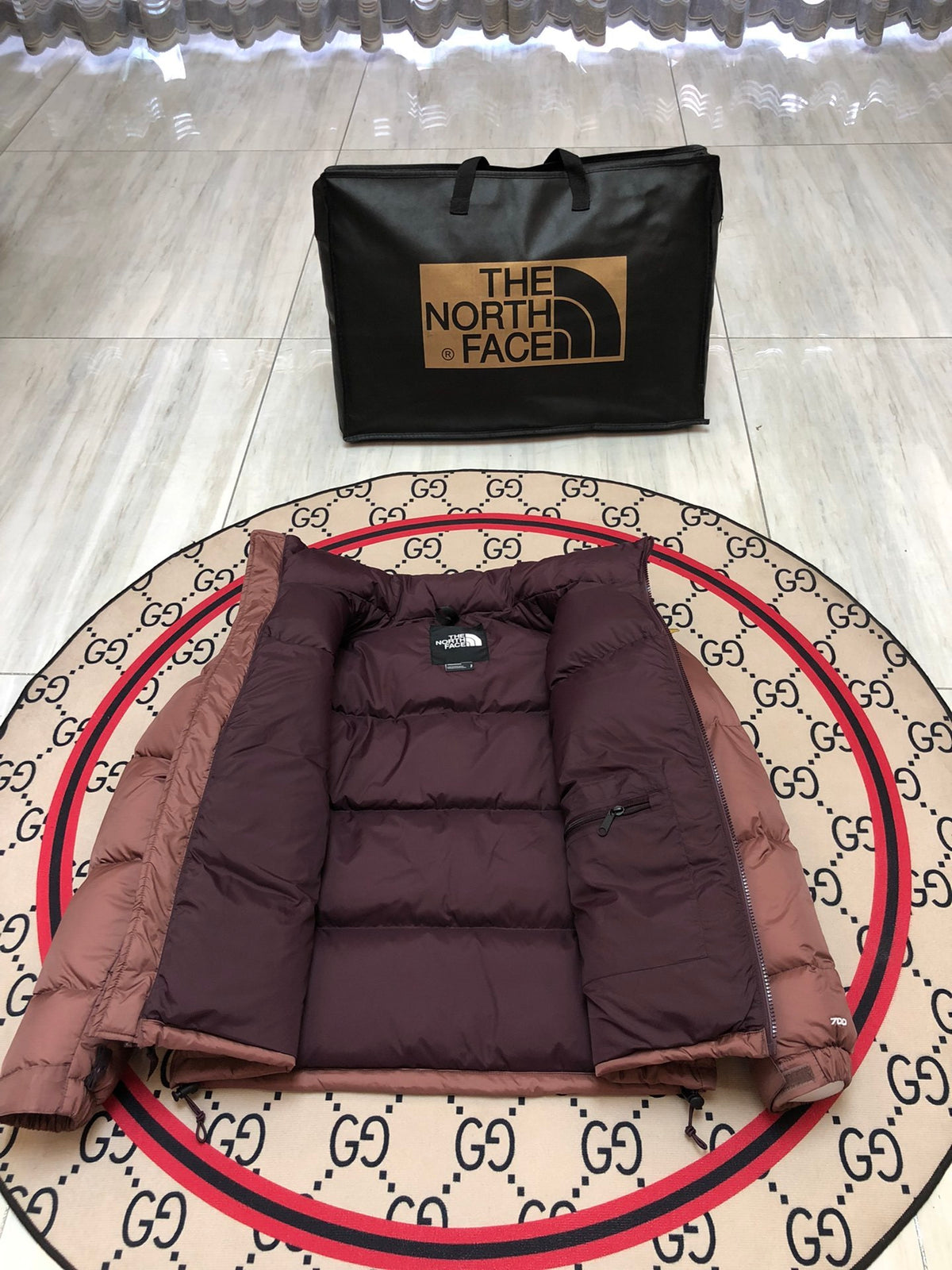 The North Face Rose Brown and Dark Plum Colorblock Stand Collar Puffer Jacket