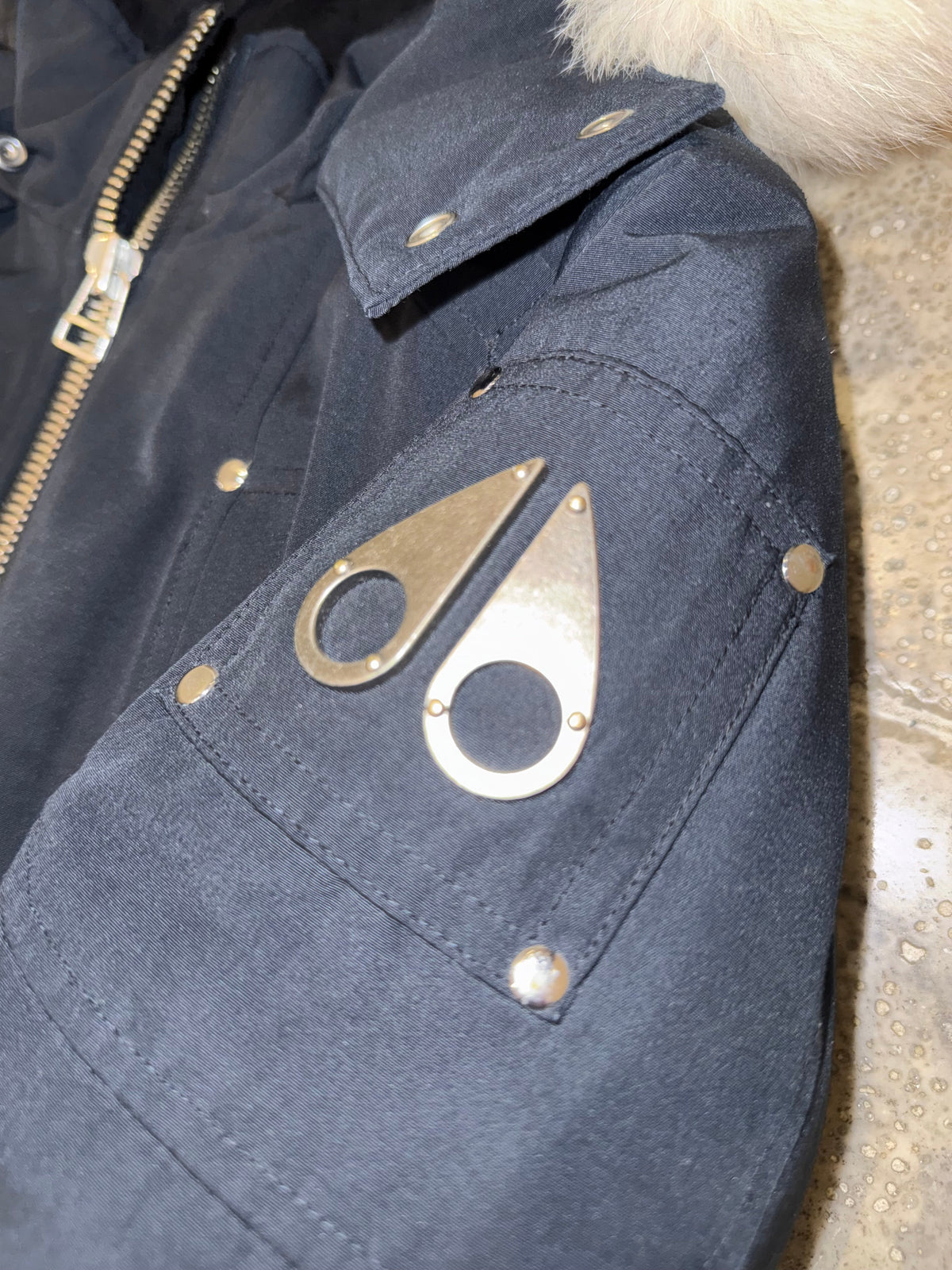 Moose Knuckles Navy Blue White Fur-Trim Hooded Bomber Jacket