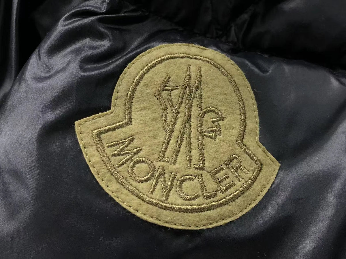 Moncler Black Olive Badge Glossy Stand Collar Puffer Jacket