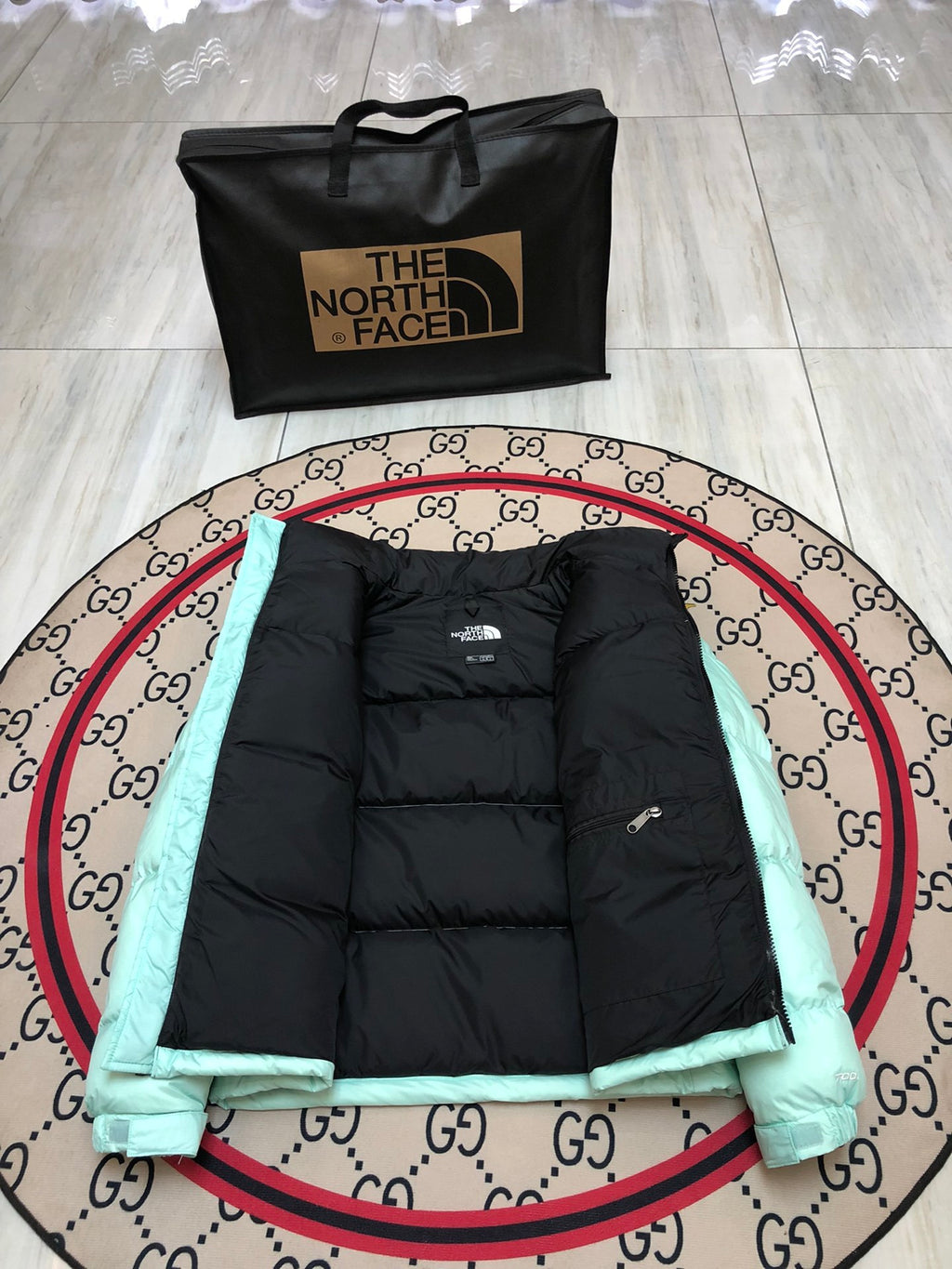 The North Face Mint Green and Black Colorblock Stand Collar Puffer Jacket