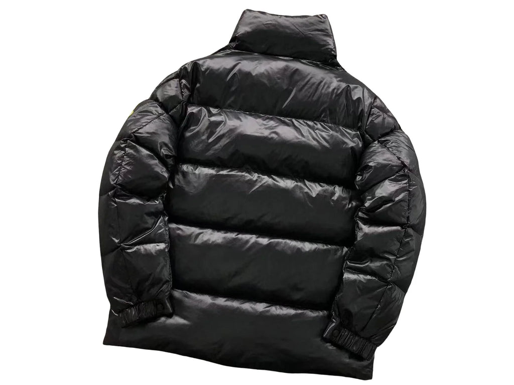 Moncler Black Olive Badge Glossy Stand Collar Puffer Jacket