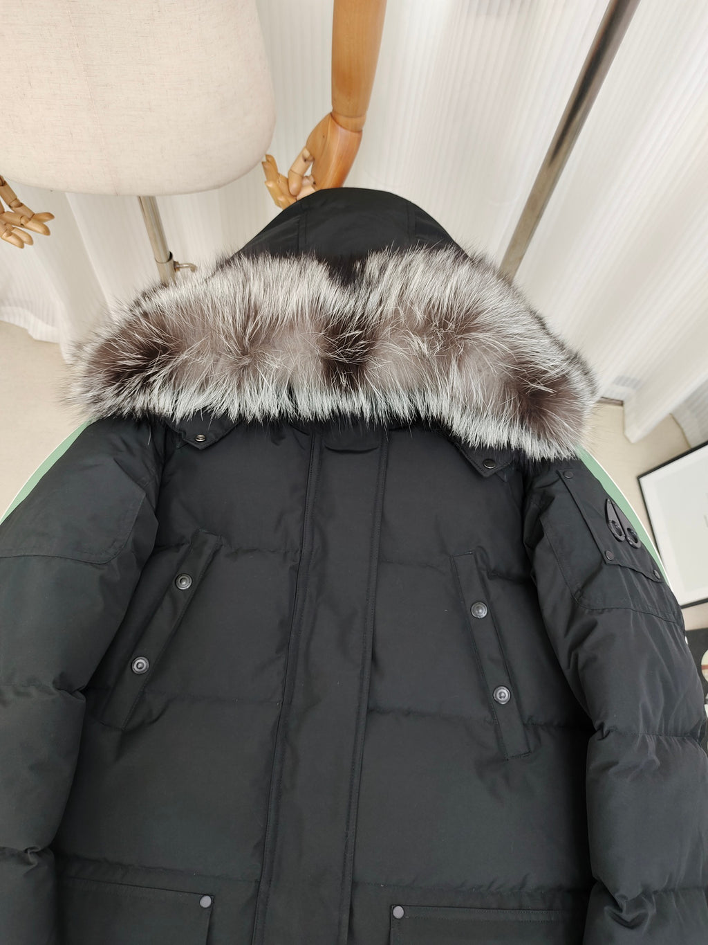 Moose Knuckles Charcoal Gray Fur-Trim Hooded Long Puffer Coat