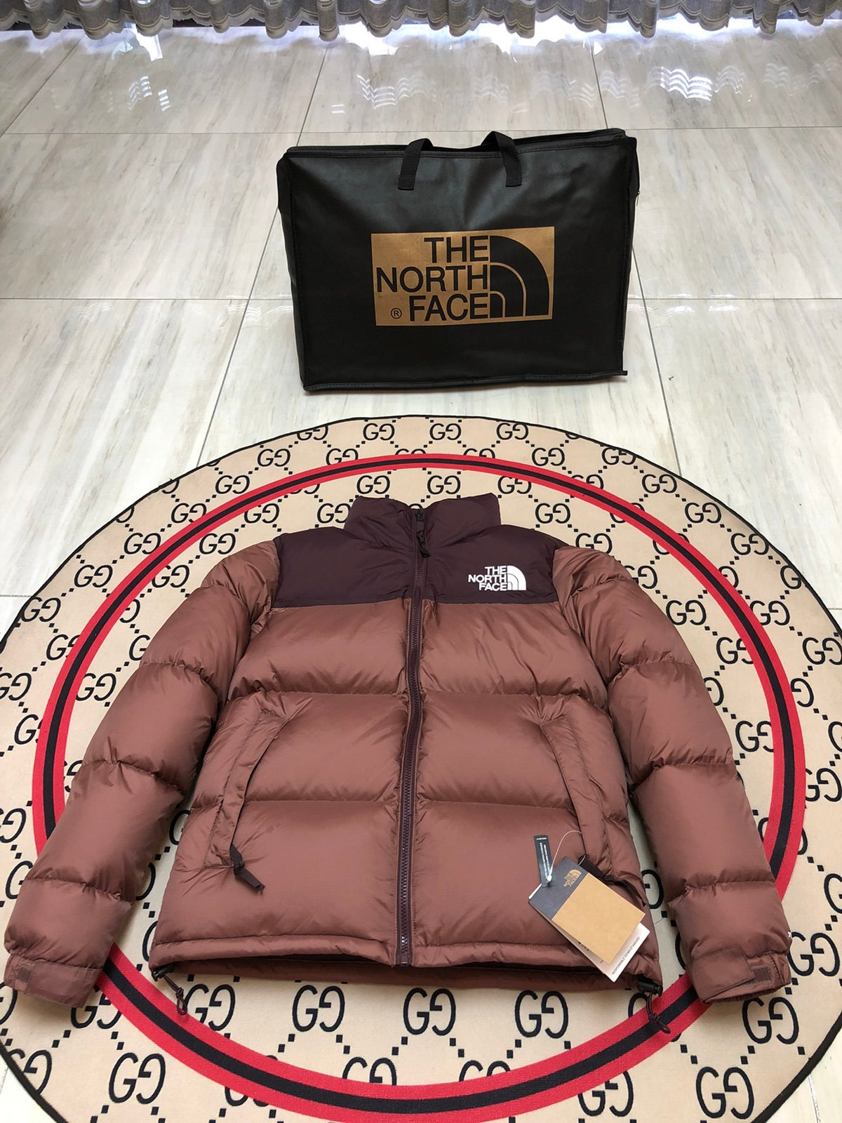 The North Face Rose Brown and Dark Plum Colorblock Stand Collar Puffer Jacket