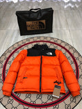 The North Face Orange and Black Colorblock Stand Collar Puffer Jacket