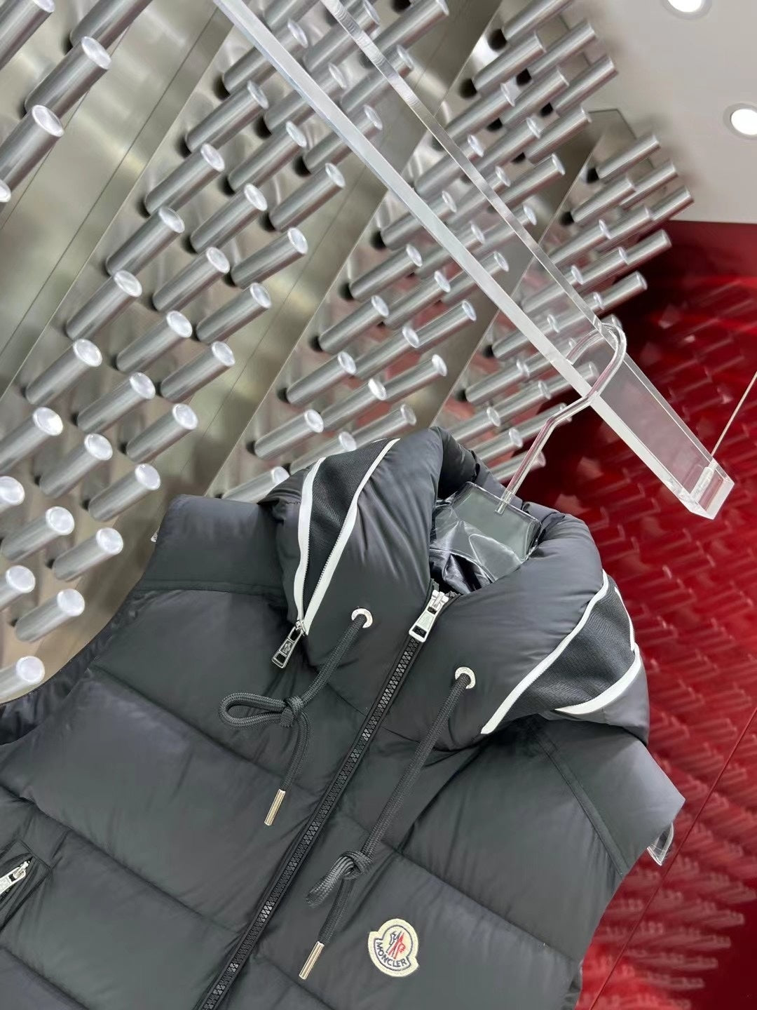 Moncler Charcoal Gray Logo Hood Quilted Puffer Vest