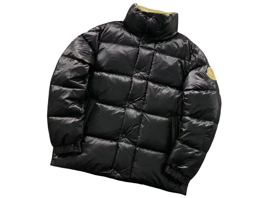 Moncler Black Olive Badge Glossy Stand Collar Puffer Jacket