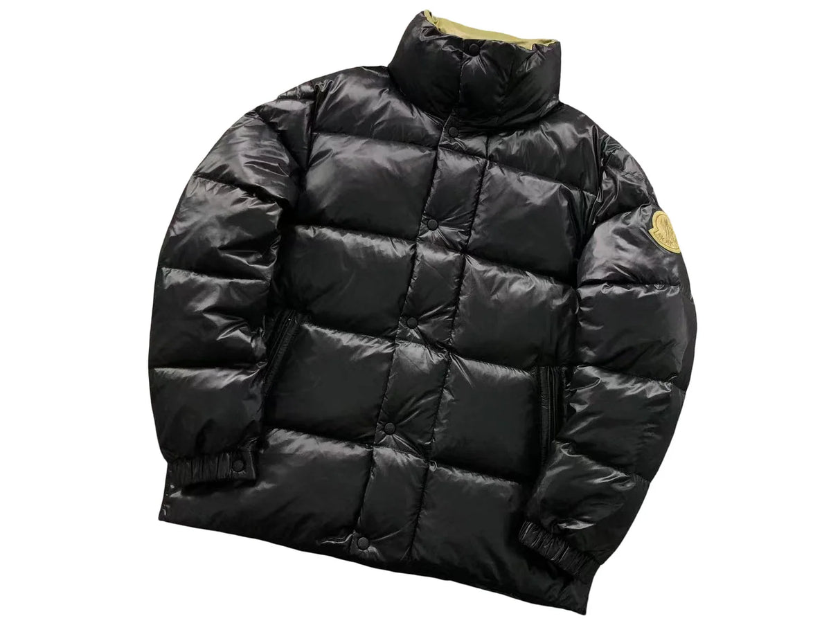 Moncler Black Olive Badge Glossy Stand Collar Puffer Jacket