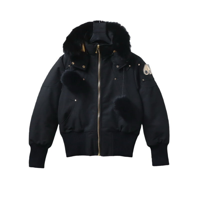 Moose Knuckles Black Pom-Pom Fur-Trim Hooded Bomber Jacket