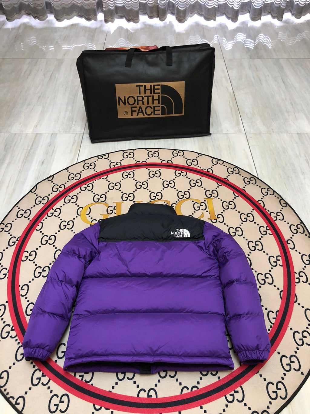 The North Face Purple and Black Colorblock Stand Collar Puffer Jacket