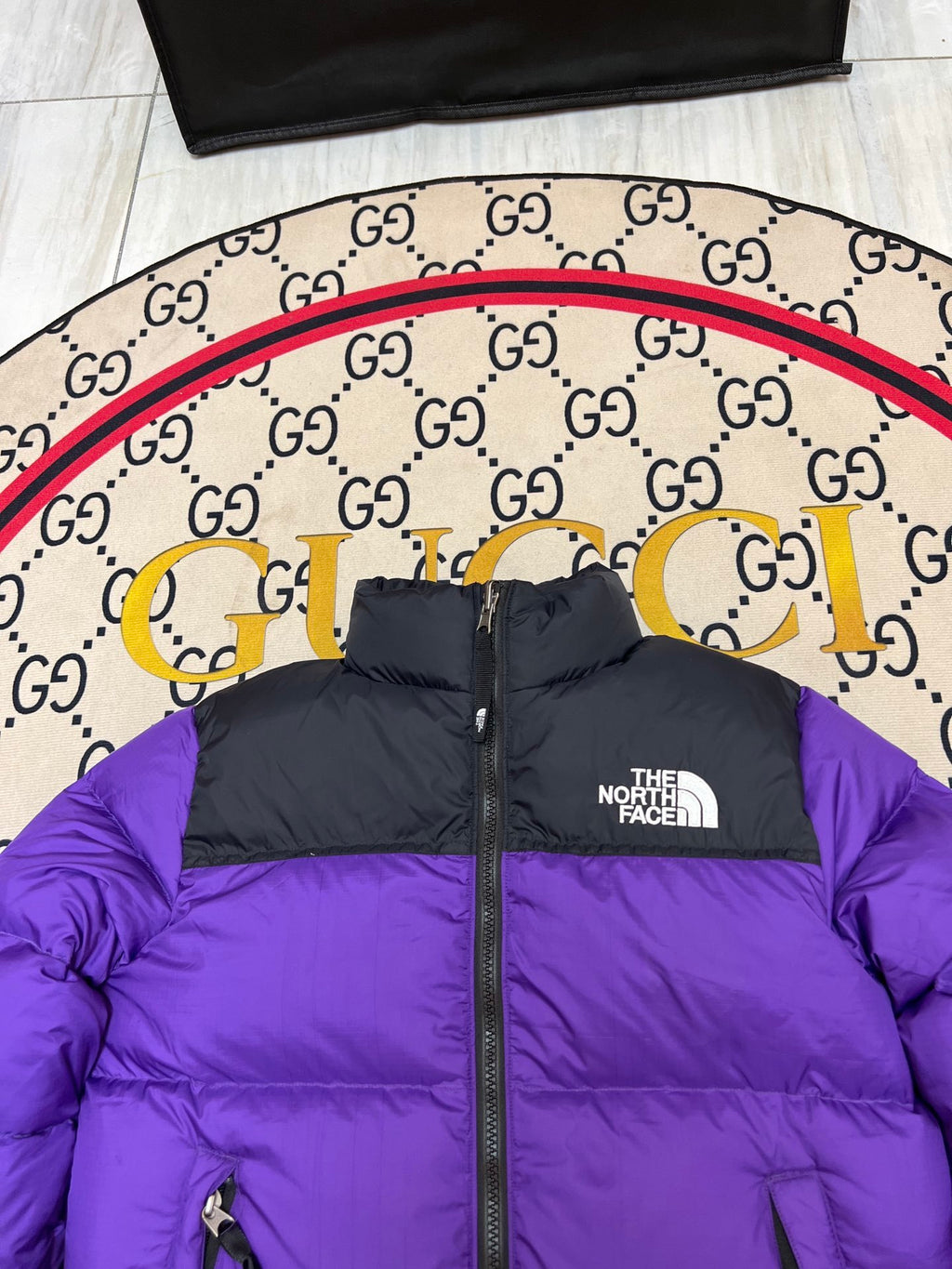 The North Face Purple and Black Colorblock Stand Collar Puffer Jacket