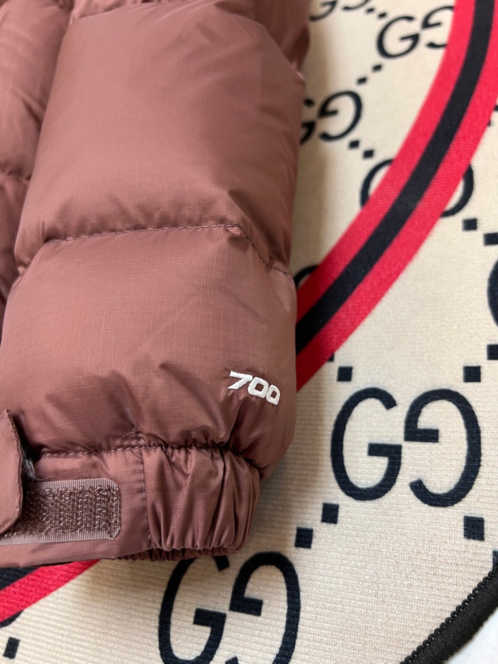 The North Face Rose Brown and Dark Plum Colorblock Stand Collar Puffer Jacket