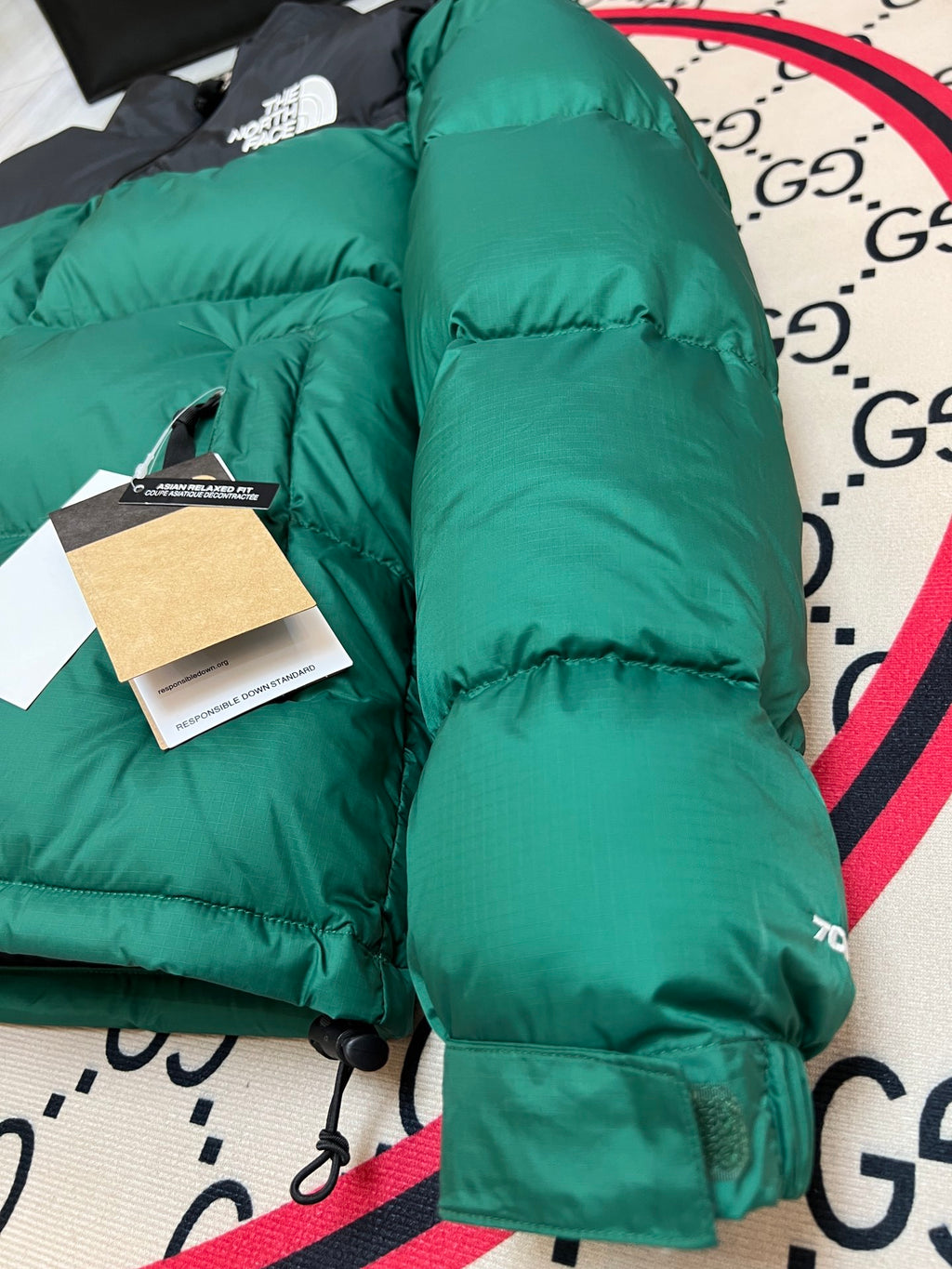 The North Face Emerald Green and Black Colorblock Stand Collar Puffer Jacket