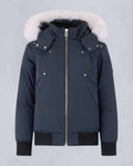 Moose Knuckles Navy Blue White Fur-Trim Hooded Bomber Jacket