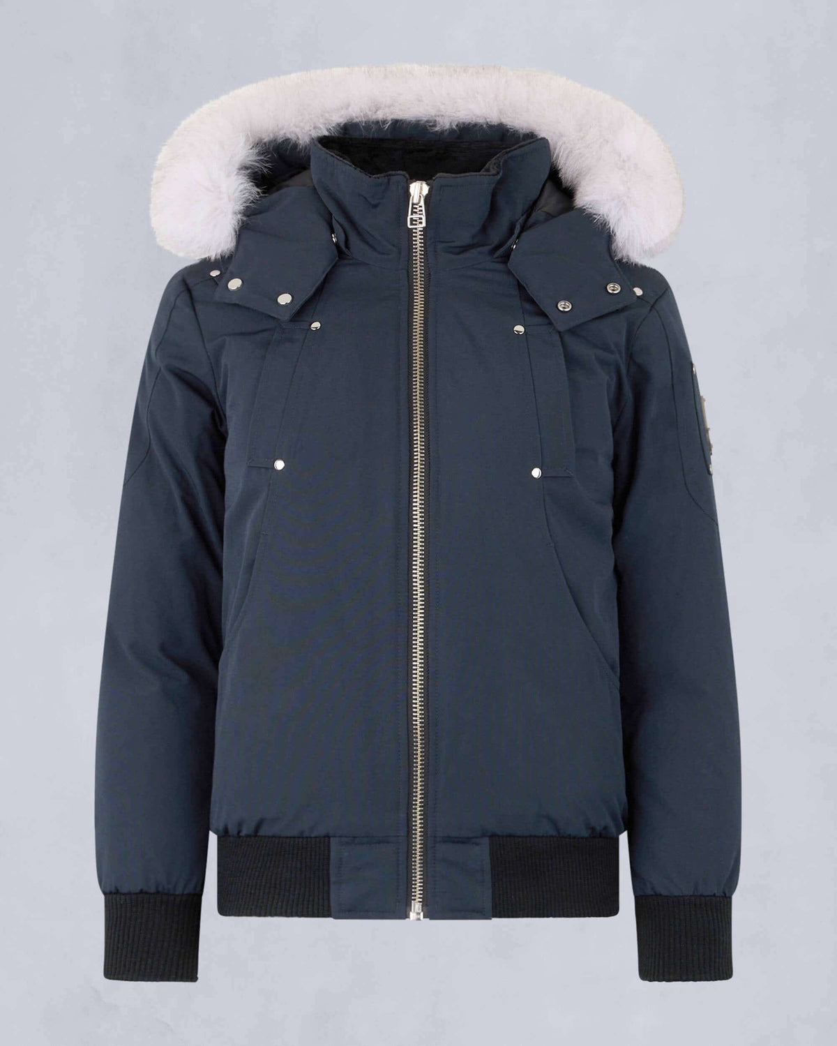 Moose Knuckles Navy Blue White Fur-Trim Hooded Bomber Jacket