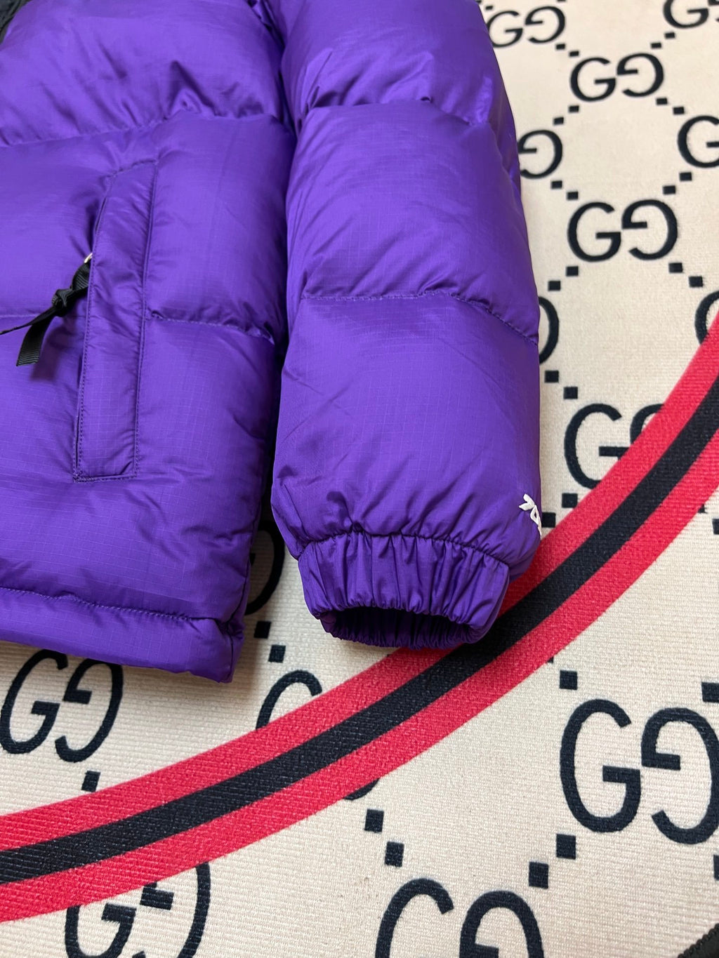 The North Face Purple and Black Colorblock Stand Collar Puffer Jacket