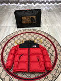 The North Face Red and Black Colorblock Stand Collar Puffer Jacket