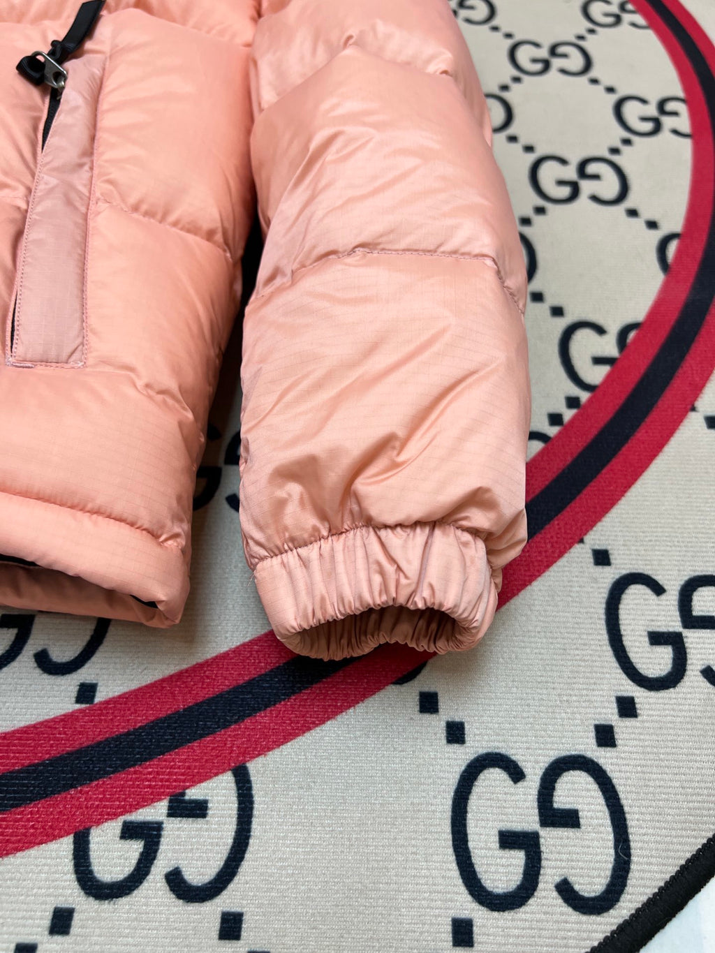 The North Face Peach Pink and Black Colorblock Stand Collar Puffer Jacket