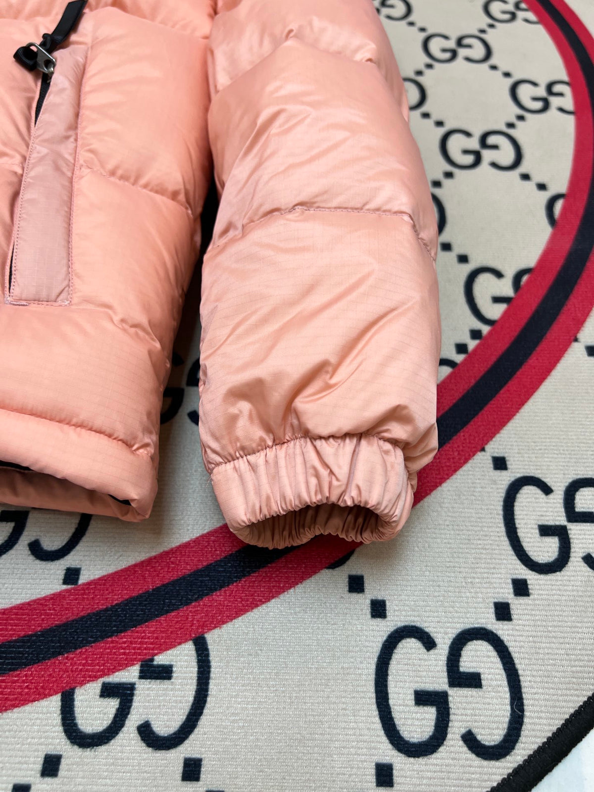 The North Face Peach Pink and Black Colorblock Stand Collar Puffer Jacket