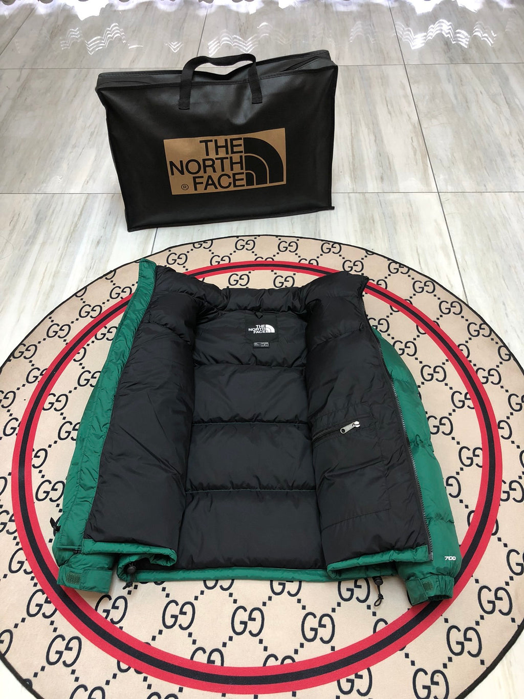 The North Face Emerald Green and Black Colorblock Stand Collar Puffer Jacket